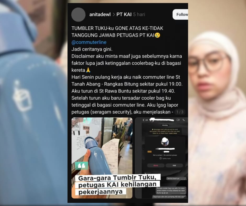 Unggahan seorang penumpang KRL soal tumbler Tuku yang hilang viral di media sosial dan menyeret nama seorang petugas KAI